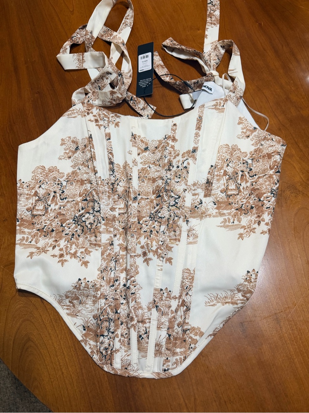 Fashion Nova Cream and Brown Scenic Print Corset
